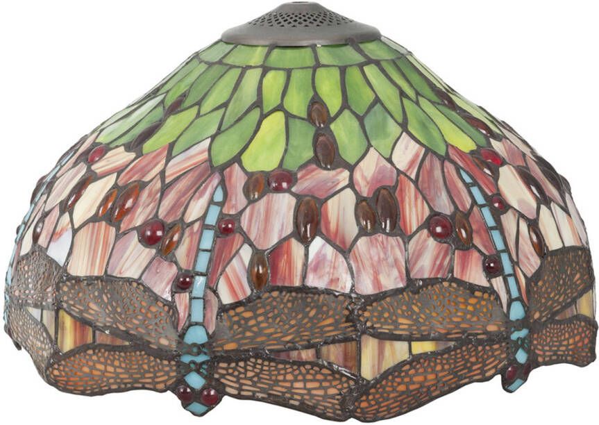 Clayre & Eef Lumilamp Lampenkap Tiffany Ø 42x24 Cm Rood Groen Glas Libelle Glazen Lampenkap Glas In Lood Rood Glazen Lampenkap Glas