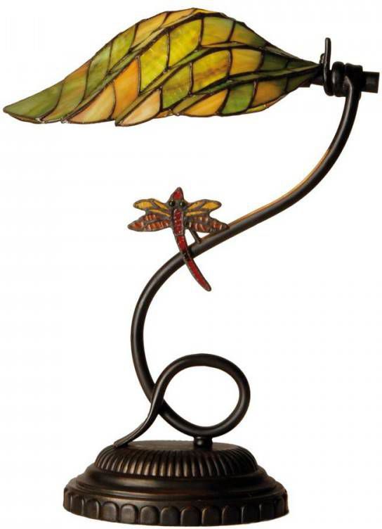 Clayre & Eef Tiffany Bureaulamp Met Libelle Oranje, Groen, Geel Glas, Metaal