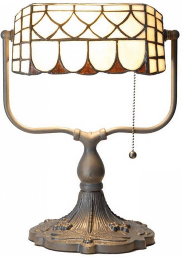 Clayre & Eef Tiffany Tafellamp Bankierslamp Met Trekschakelaar Oranje, Brons, Ivory Ijzer, Glas