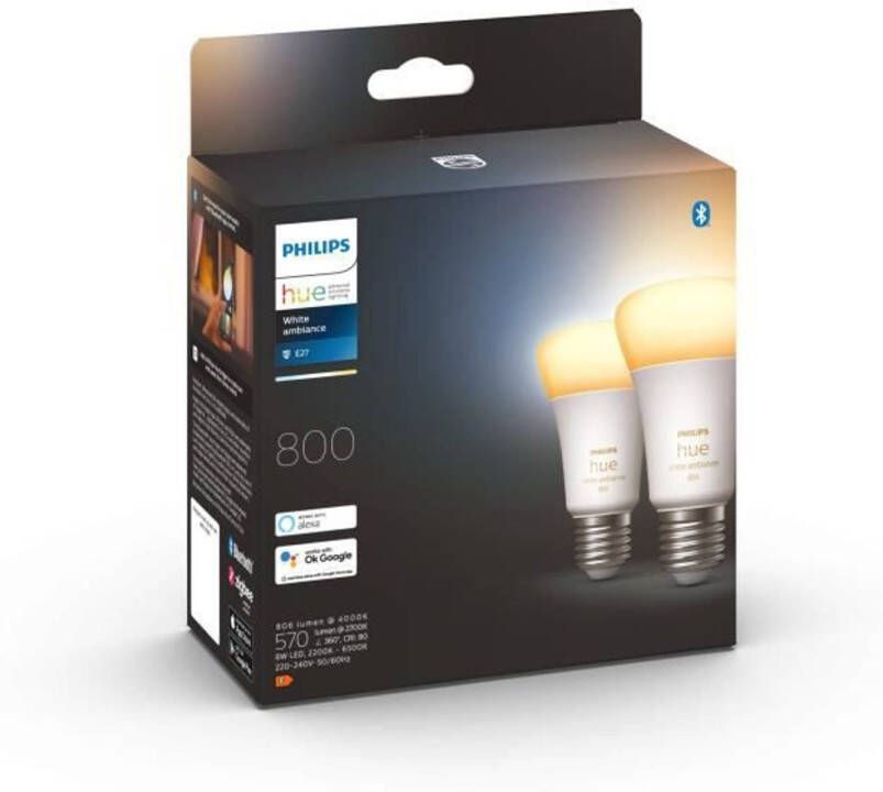 Philips Hue White Ambiance E27 Slimme Led lampen Bluetooth Compatibel Pak Van 2
