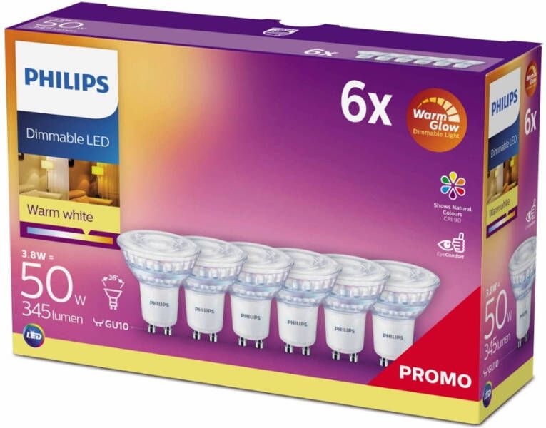 Philips LED WarmGlow spot dimbaar(6 pack) GU10 36D 3, 8W 334lm 2700…