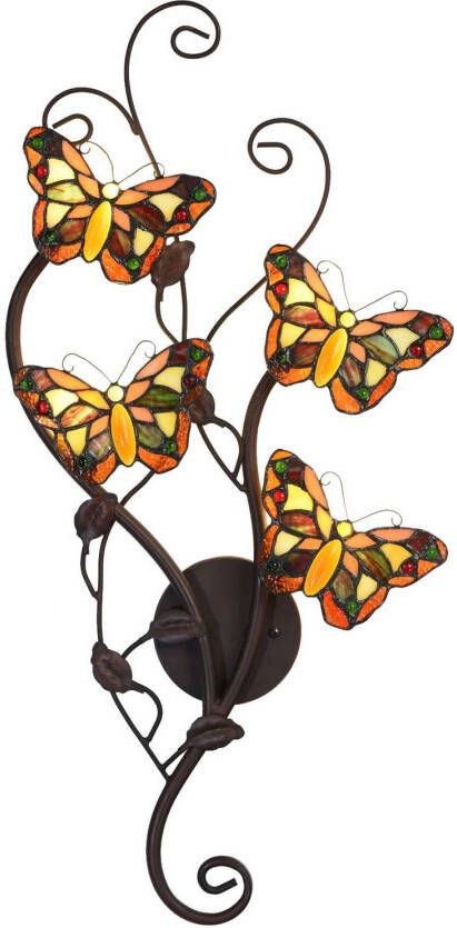 Clayre & Eef Lumilamp Wandlamp Tiffany 32x68 Cm Geel Bruin Metaal Glas Vlinder Muurlamp Sfeerlamp Tiffany Lamp Geel Muurlamp
