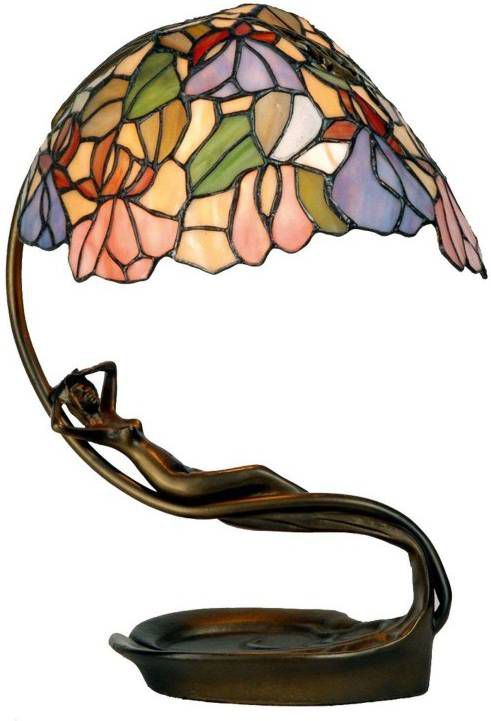 Clayre & Eef Tiffany Bureaulamp Luifel Met Metalen Vrouw Verwerkt In Voet Oranjegroenroodpaarsroze Glasmetaal