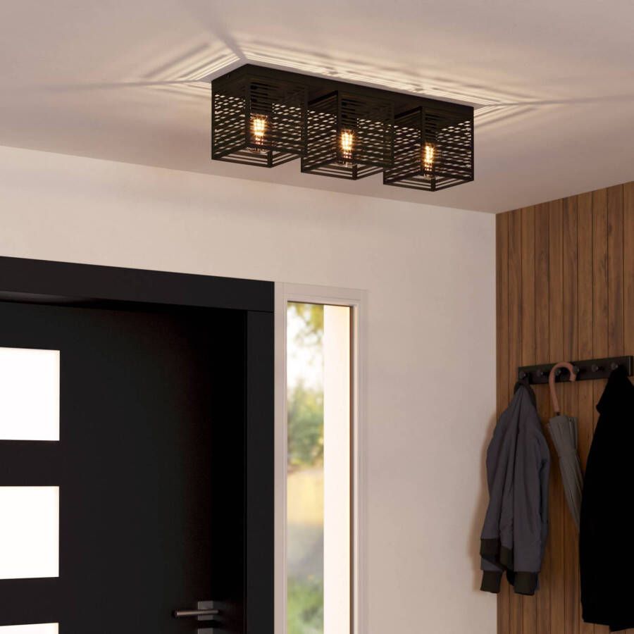 EGLO Plafondlamp Piedritas, drie zwarte vierkante kap