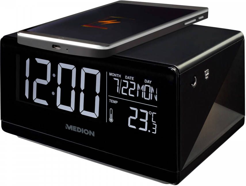 MEDION LIFE® E75009 Wekker met QI oplader | Temperatuurweergave | 2 Wektijden | LC display | Touchbediening | Nachtlicht